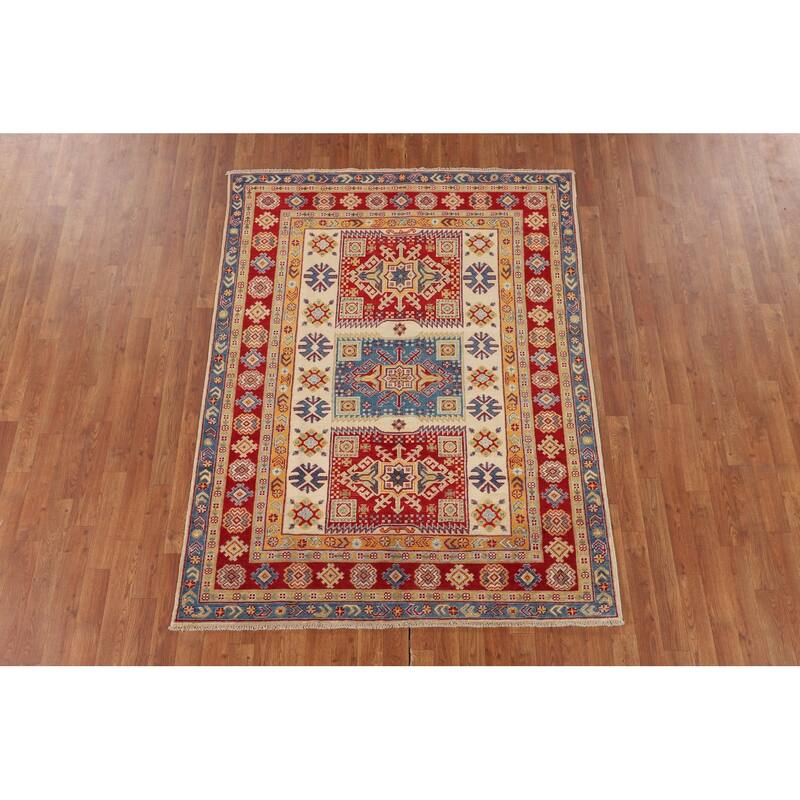 Geometric Kazak Oriental Area Rug Hand-Knotted Grey Wool Carpet - 4'10" x 6'5"