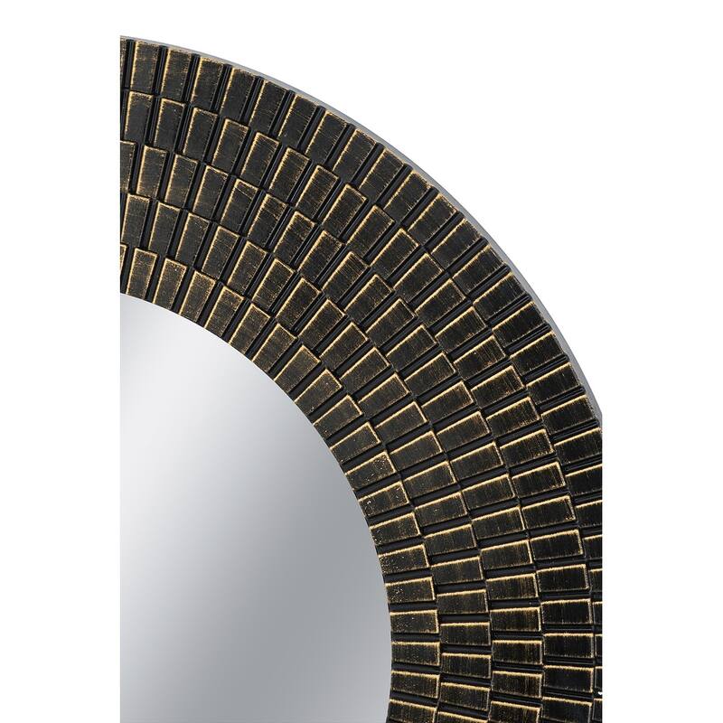 D29.5" Round Black And Gold Wooden Accent Mirror With Woven Texture