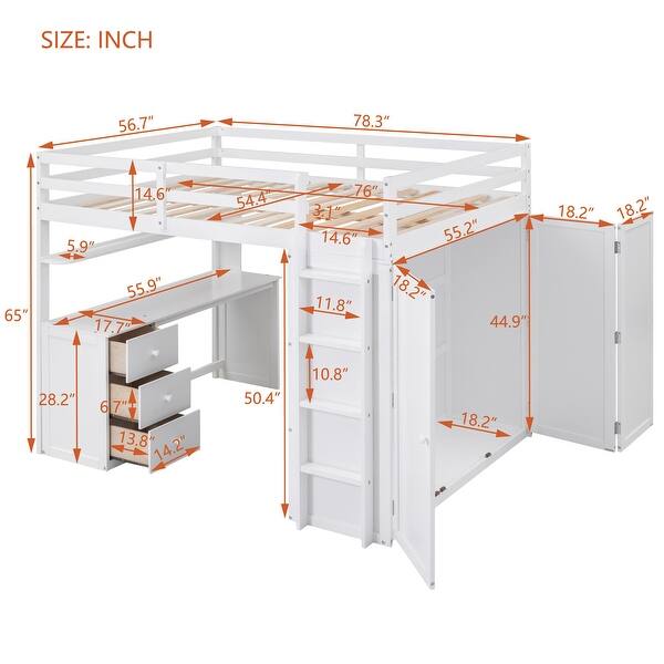 dimension image slide 0 of 3, Full Loft Bed with Drawers, Desk, Wardrobe, and Guardrails