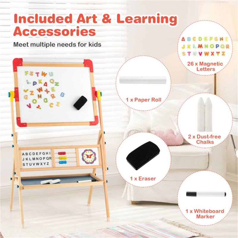 3-in-1 Kids Wooden Art Easel with Rotatable Blackboard Whiteboard Paper Roll Abacus - 24" x 18" x 46" (L x W x H) - Multi