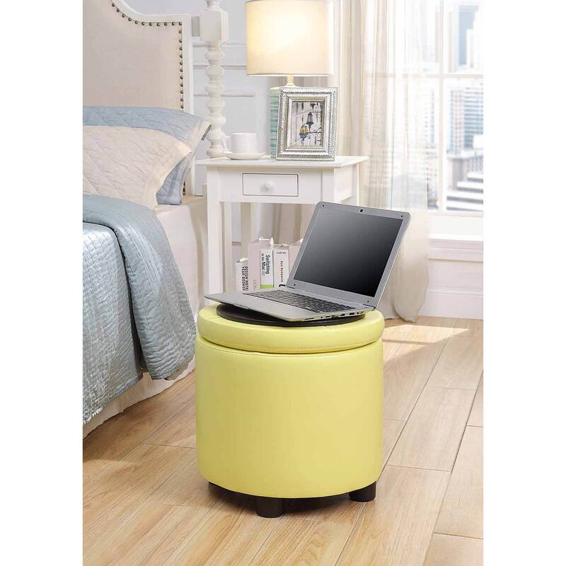 Convenience Concepts Designs4Comfort Round Accent Storage Ottoman with Reversible Tray Lid - Yellow Faux Leather