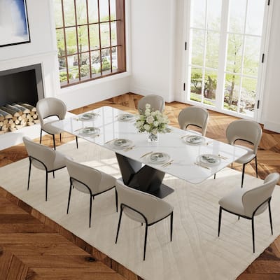 63-95" Modern Extendable Dining Table,White Glossy Sintered Stone Table top, Black Carbon Steel Base for 4-10