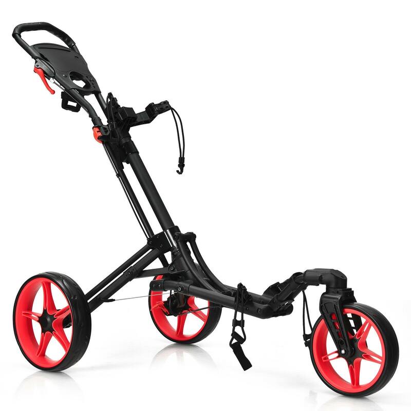 3 Wheel Folding Golf Push Cart with Scoreboard and Adjustable Handle - Red