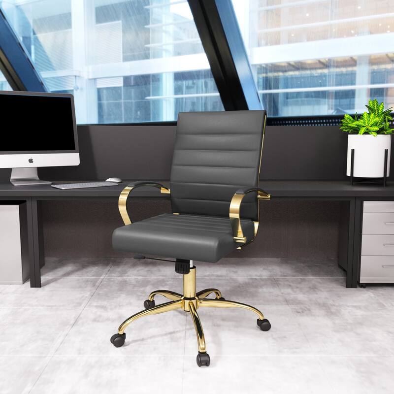 Benmar Ergonomic Leather Office Chair with Lumbar Support, Gold Steel Frame, Adjustable Height, Tilt Lock, & Smooth Casters