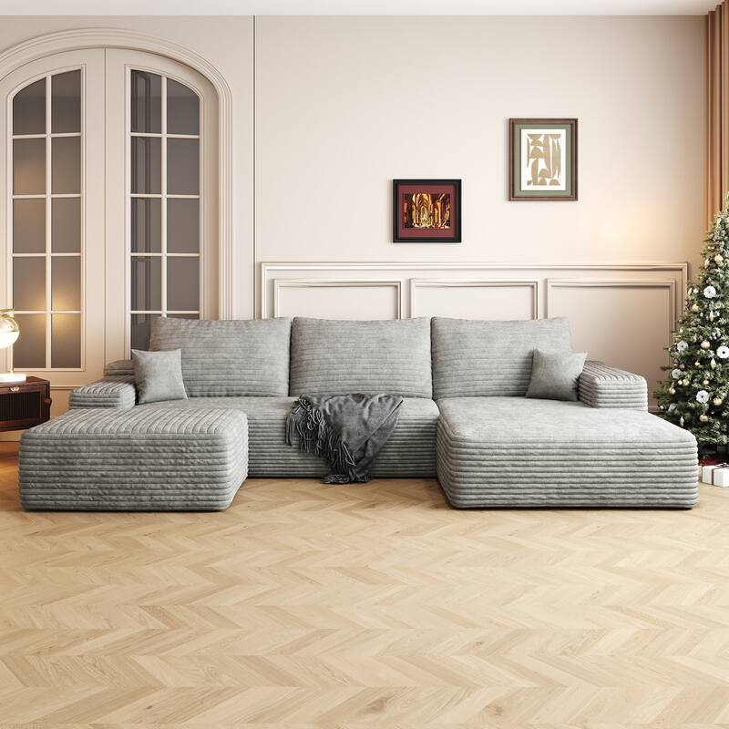 Sofa 107-in Casual Gray 3 -seater Right Reclining Sectional with 1 Ottoman - 8' x 10'