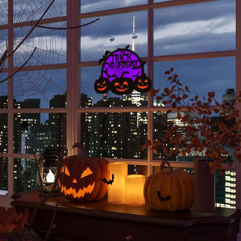 2D LED Pumpkin & Bat Motif Light, 14" Battery/USB-Powered Halloween Silhouette