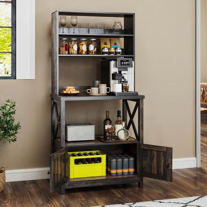 Baker's Rack Coffee Bar Cabinet Microwave Stand Rustic With Power Outlet