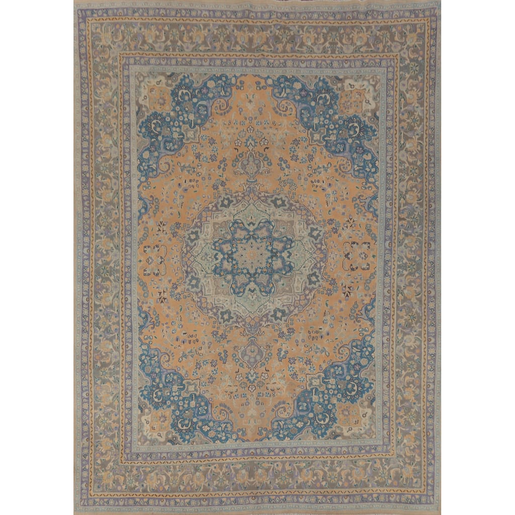 Traditional Floral Mashad Persian Vintage Rug Handmade Wool Carpet - 9'5" x 12'5"