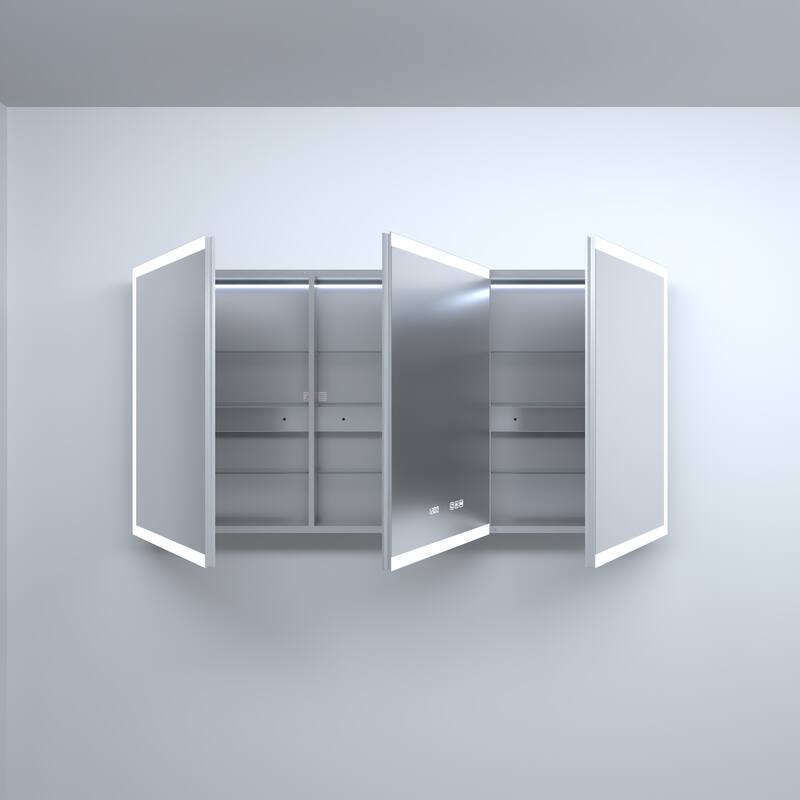 Rectangular Aluminum Recessed/Surface Mount Medicine Cabinet in Silver with Mirror LED and Clock