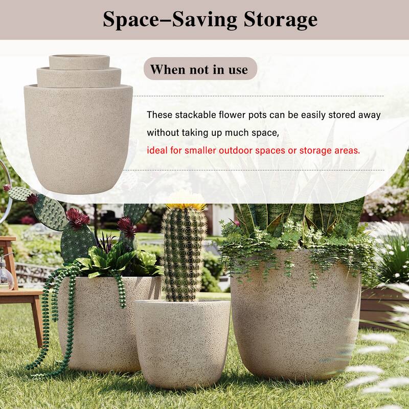Lightweight Matte Textured MGO Flower Pot Set of 3,Round Concrete Stackable Planter with Drainage Holes and Rubber Plug