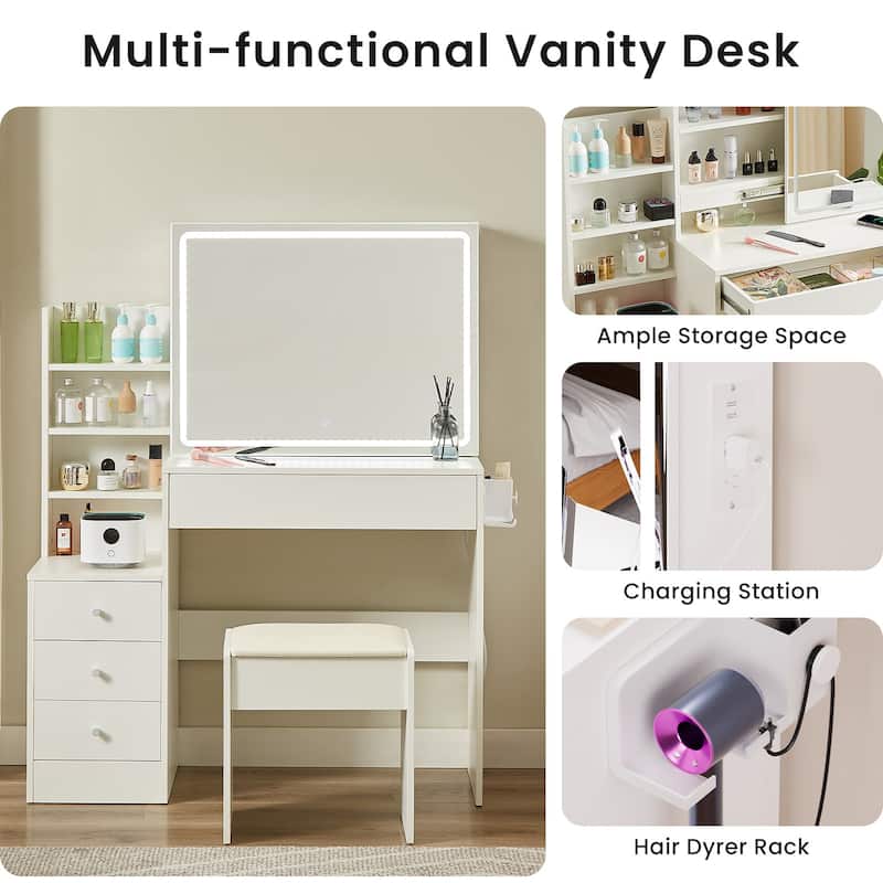 White Makeup Vanity with Lighted Mirror, USB Charging Ports, Storage Drawers, Shelves & PU Stool Set
