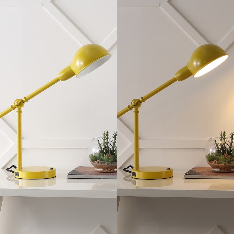 Allegra 20.25" Vintage Industrial Iron Adjustable Dome Shade LED Task Lamp with USB Charging Port, by JONATHAN Y
