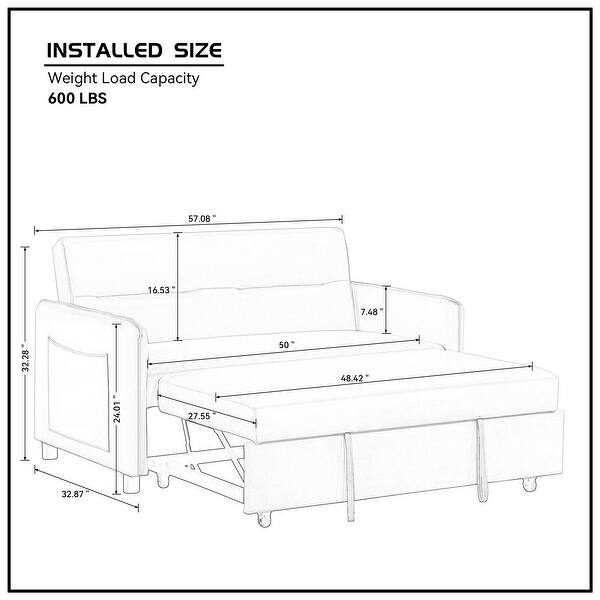 57" Upholstered Sleeper Sofa 2 Seat Sofabed with 2 Pillow Pull-Out Sleeper