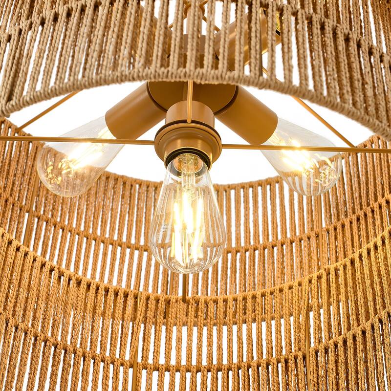 5-Light Rattan Tiered Drum Chandelier Light -21.7 in. W - 21.7 in. W