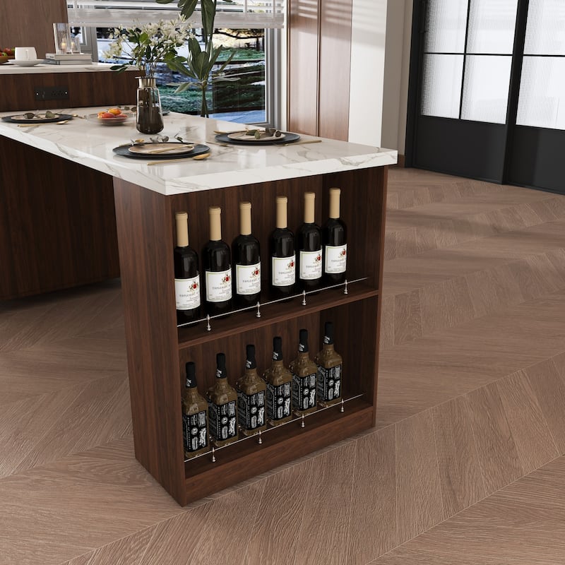 80" Expandable Kitchen Island with Dining Table with Marble-Grain Countertop with Power Outlet