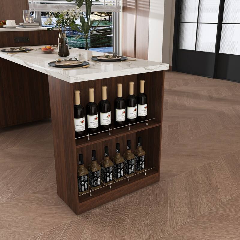 80-Inch Expandable Mobile Kitchen Island with Dining Table, Marble-Grain Top & Power Outlet