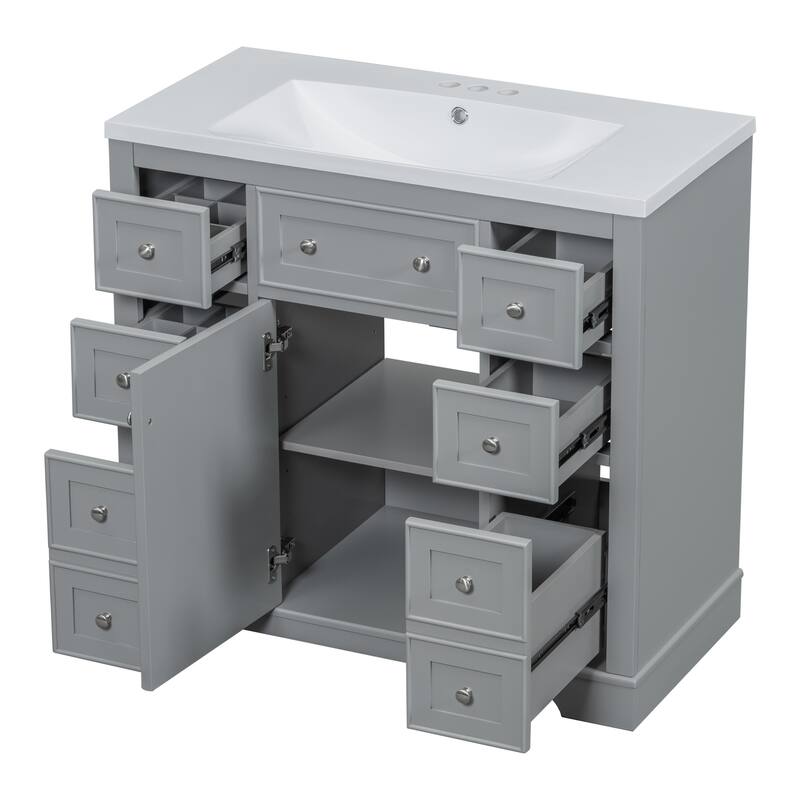 Bathroom Vanity with Ceramic Sink, Bathroom Storage Cabinet with 1 Doors and 6 Drawer, Bathroom Cabinet with Open Shelf