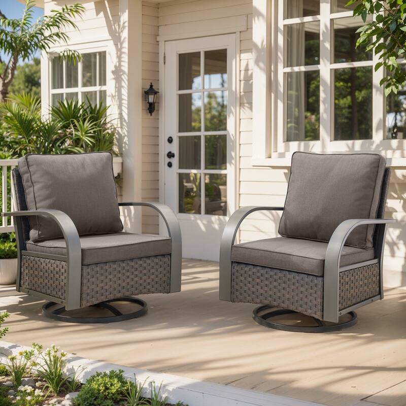 Pocassy Outdoor Sofa PE Wicker Furniture Set - Grey Cushion - 2PCS Swivel Chairs
