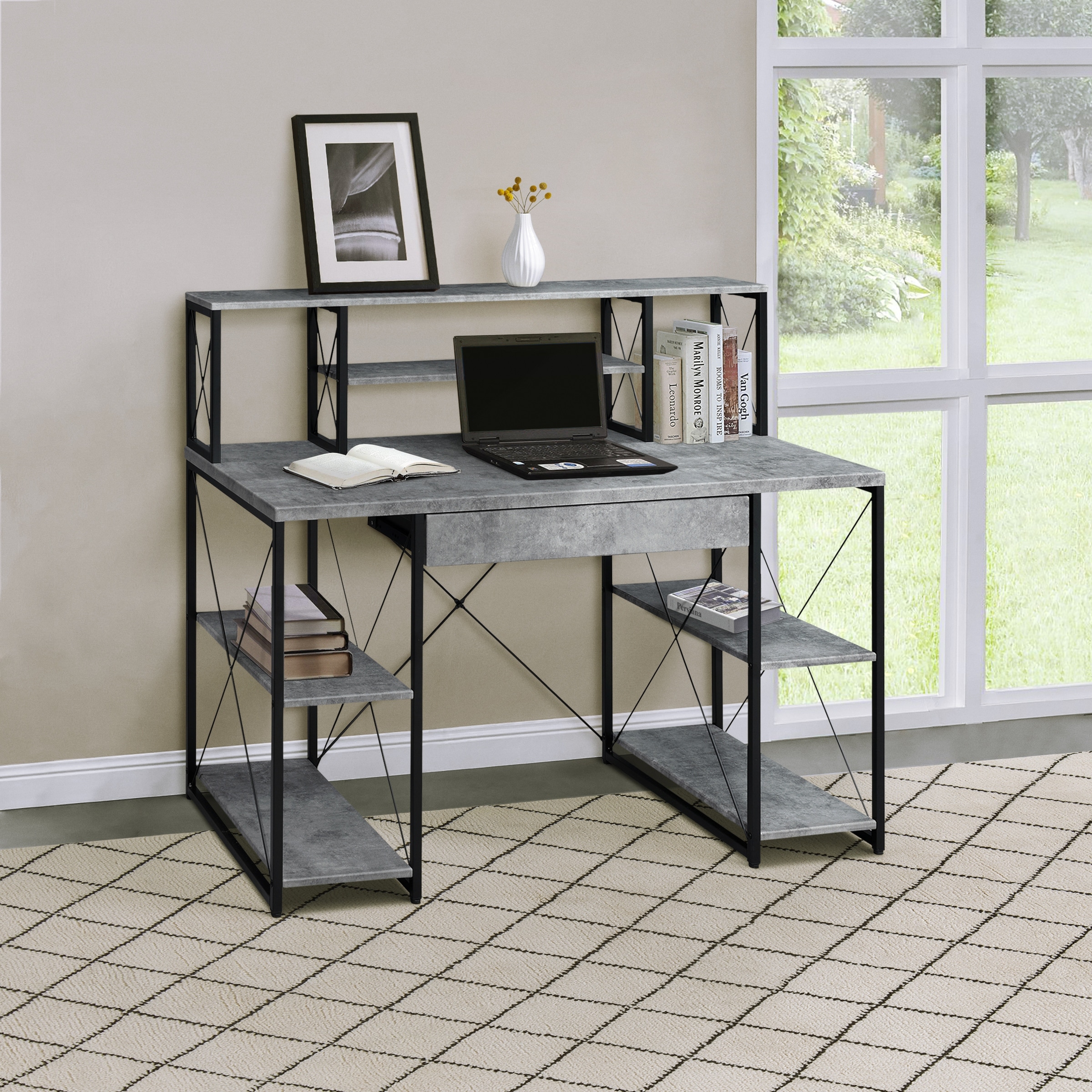 Stylish Office Desk with Hutch, 8 Open Compartments, and Drawer for Organization, Modern Writing Desk with Metal Sled Base