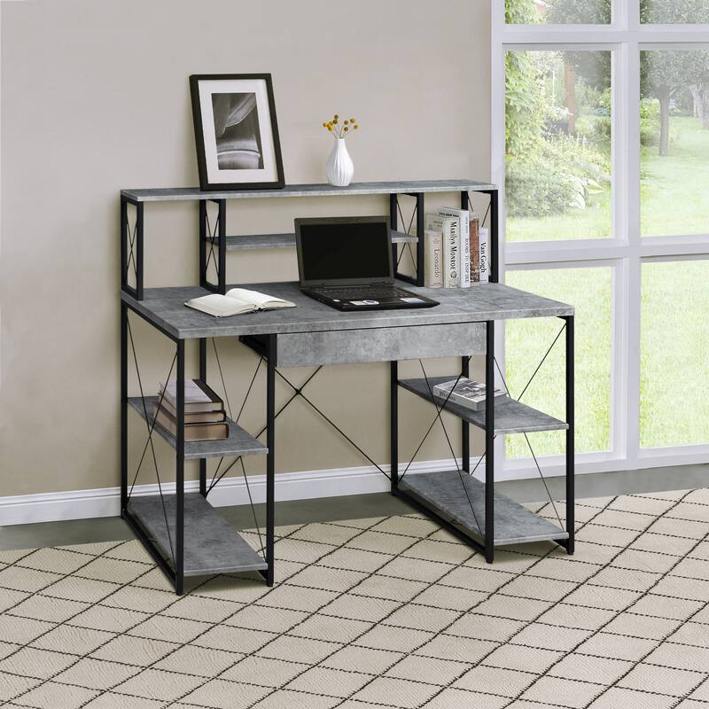 Stylish Office Desk with Hutch, 8 Open Compartments, and Drawer for Organization, Modern Writing Desk with Metal Sled Base - Black+Grey