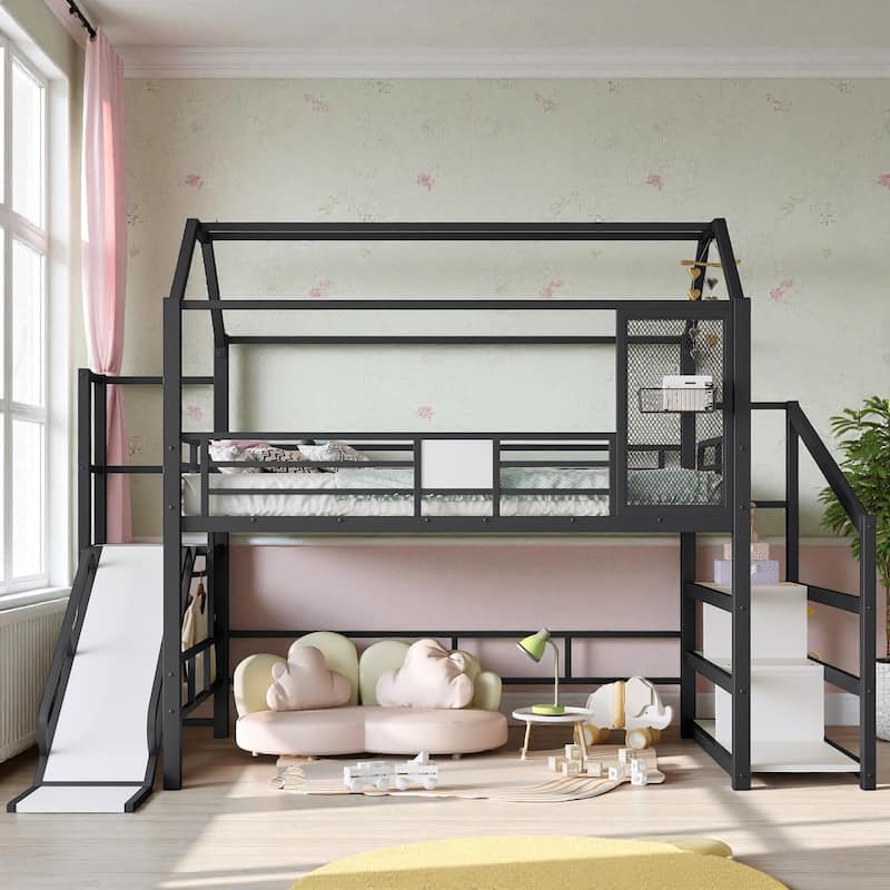 Twin/Full Metal House Loft Bed with Slide and Stairs, Kids Playhouse Bed with Roof, Storage Shelves & Guardrails - Black - Full