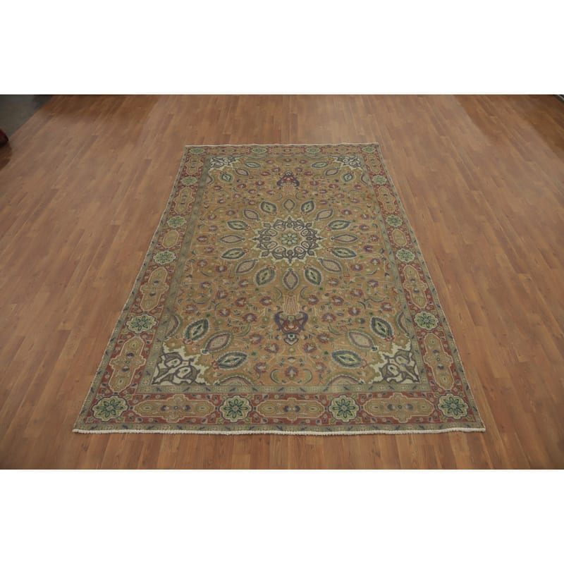 Hand Knotted Oriental 100% Wool Carpet Traditional Floral Brown Tabriz Area Rug - 9' 4'' X 6' 2''