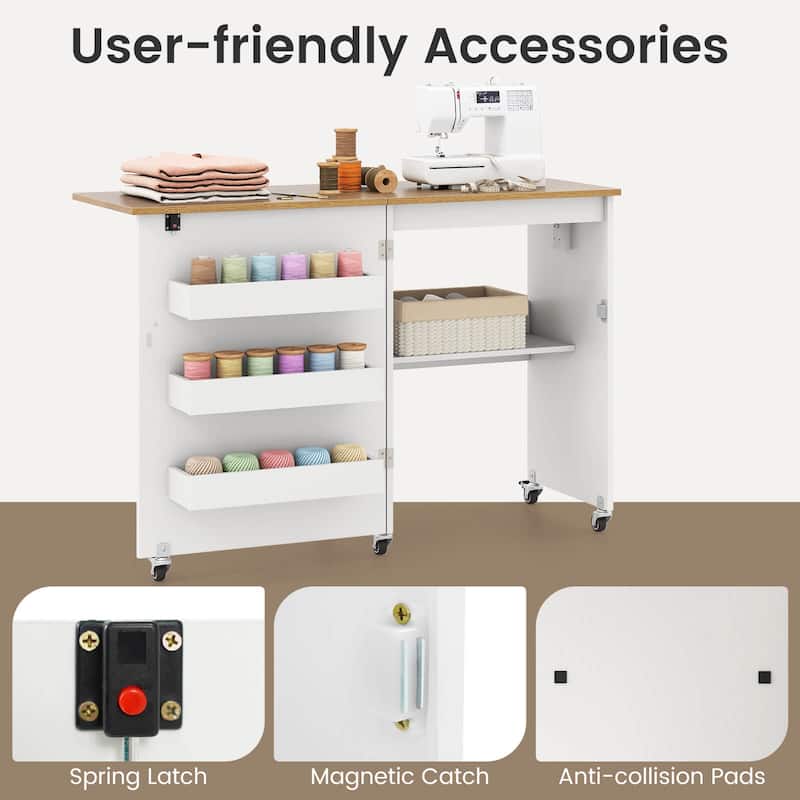 Costway Folding Sewing Machine Table Lockable Casters Rack with 3 - See Details
