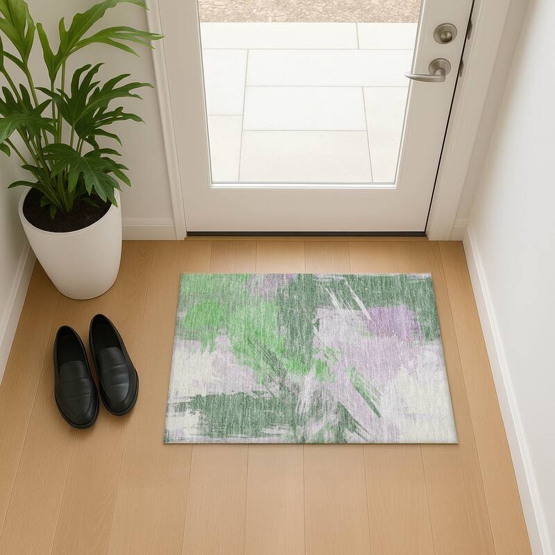 Premium Washable Super Soft Modern Brushstrokes Mayfield Rug - Green - 1'8" x 2'6"