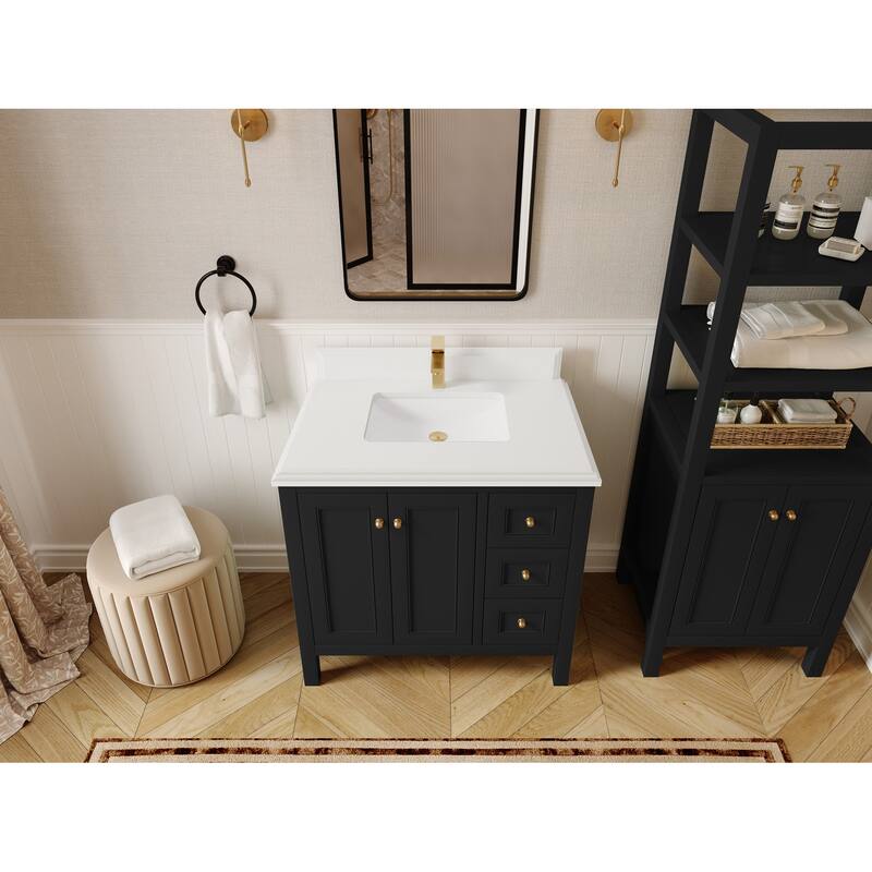 Willow Collections 36 in. W x 22 in. D Nashville Center Left Sink Bathroom Vanity with Countertop - 1.5”White Quartz - Black