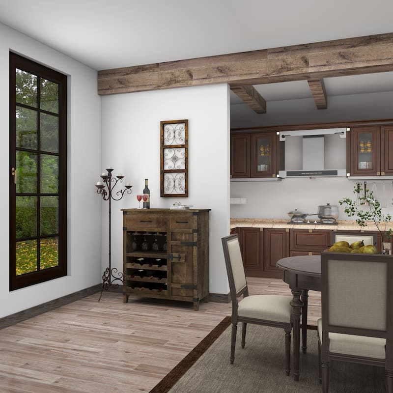 Brown Wood Distressed Panel Scroll Home Wall Decor with Bronze Metal Scrollwork