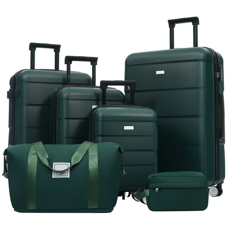 Hardshell Luggage Sets 6 Piece with 2 Bags,Carry on Suitcase with Handle Password Lock Double Spinner Wheels - Dark Green