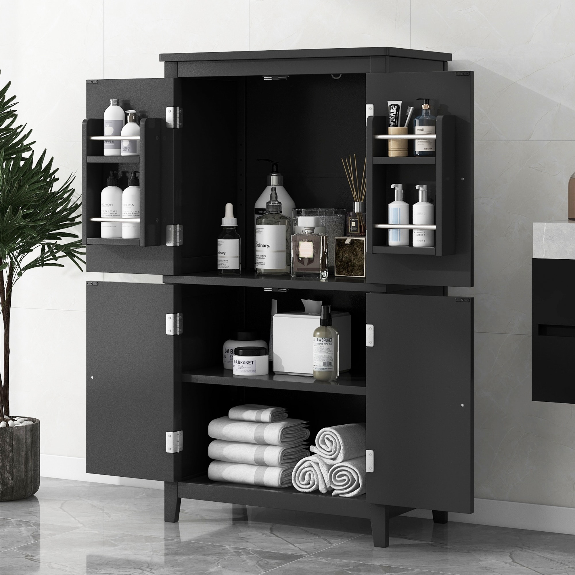 Bathroom Floor Storage Cabinet, Bathroom Storage Unit,Freestanding Cabinet with 4 Doors,Adjustable Shelves,Adaptable Shelves