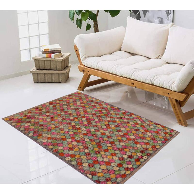 Shabby Chic Balochi Barr Gray/Red Hand Knotted Wool Rug - 3'0'' x 4'11''