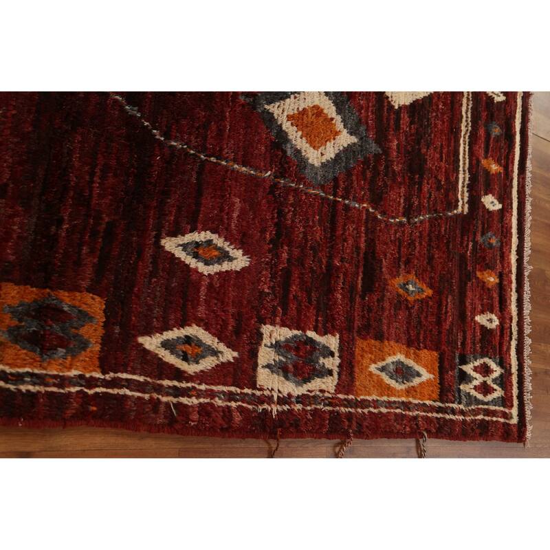Hand Knotted Oriental 100% Wool Carpet Modern Tribal Red Moroccan Area Rug - 9' 7'' X 6' 10''