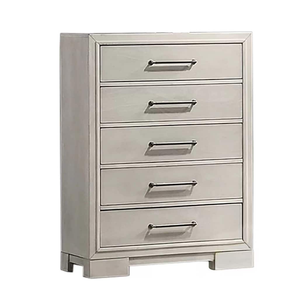 Simone Tall Dresser Chest, 5 Drawers, Antique White Wood Finish