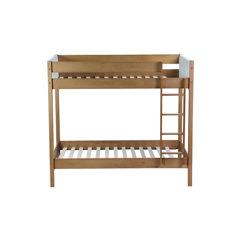 Natural Bunk Bed Twin Over Twin Size Bed Frame with Ladder, Guardrails, Teddy Fleece Fabric Headboard and Footboard