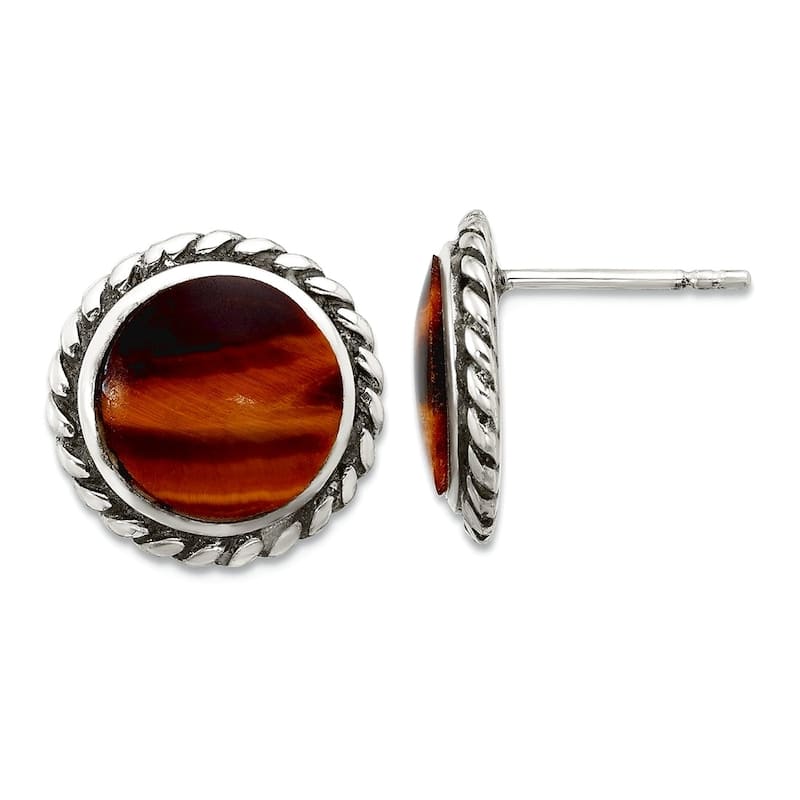 Curata 925 Sterling Silver 15mm Rope Edged Oxidized Tiger's Eye Stud Earrings