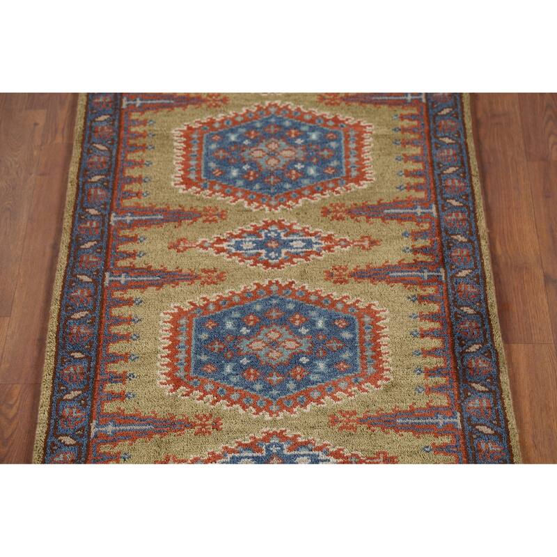 Green Geometric Viss Indian Runner Rug Hand-Knotted Wool Carpet - 2'6"x 9'7"