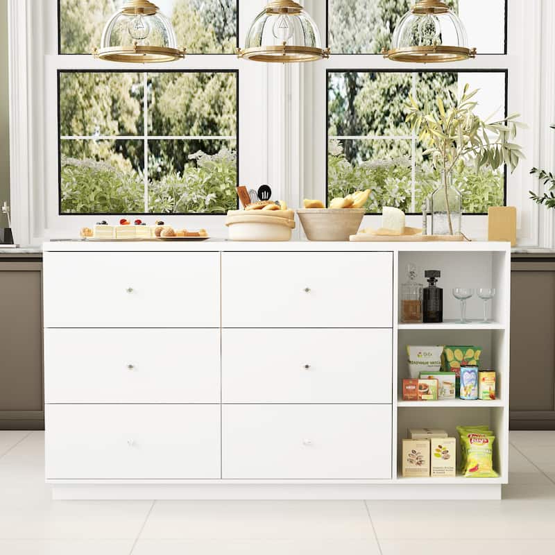 63"W Kitchen Island White Storage Unit with Drawers and Cabinets - 63"