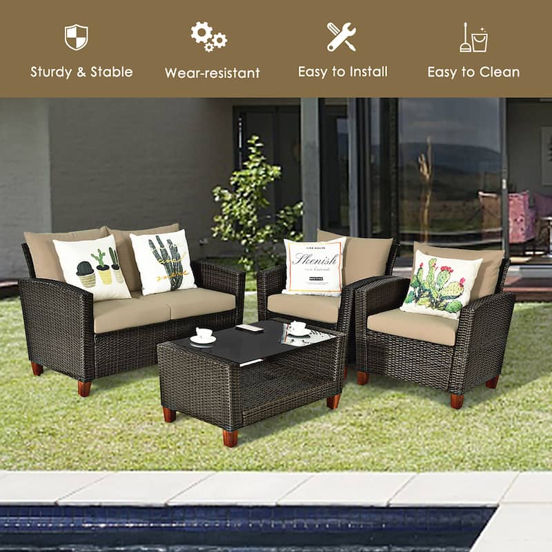 4 PCS Patio Rattan Furniture Set Outdoor Wicker Conversation Set