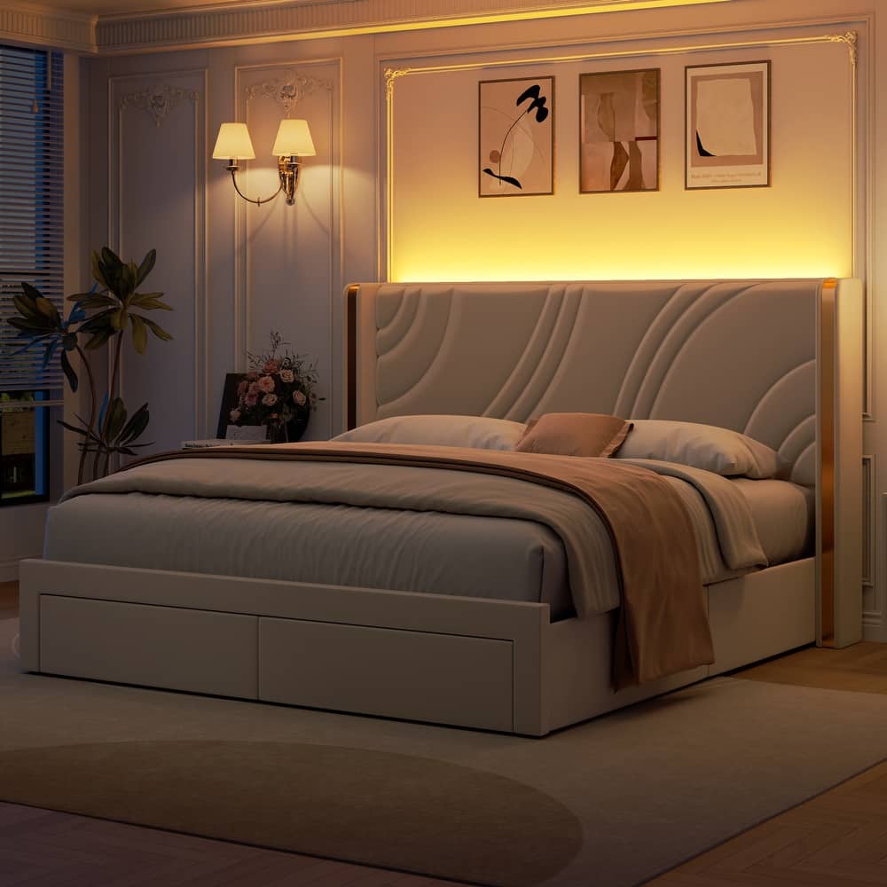 Velvet Upholstered Platform Bed with Smart Ambient Strip Lights Wingback Headboard and Endbed Pull-out Storage Drawers