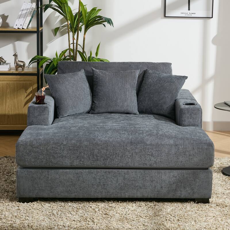 Oversized Chaise Lounger Modern Sofa Couch with Pillows, Charge Station & Cup Holders