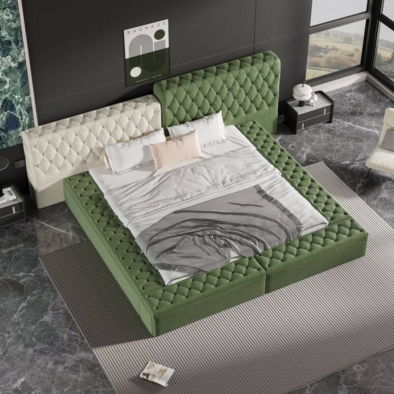King Size Special-shaped Fully Upholstered Platform Bed with Deep Button Tufting and Storage