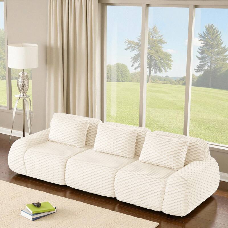 114" Modern Modular Flannelette Sectional Sofa, Oversized 3-Seater Deep Seat Boneless Couch with Buckle Connection