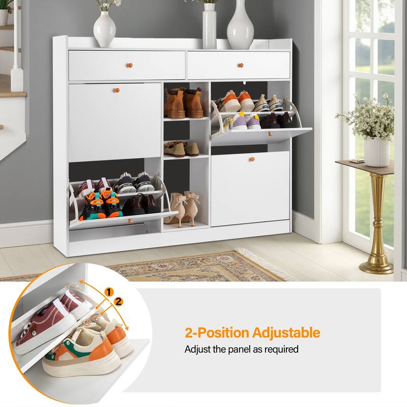 White Shoe Cabinet with 4 Drawers and Storage Compartments for Entryway Hallway Organization - 50.39”W x 9.84”D x 42.13”H