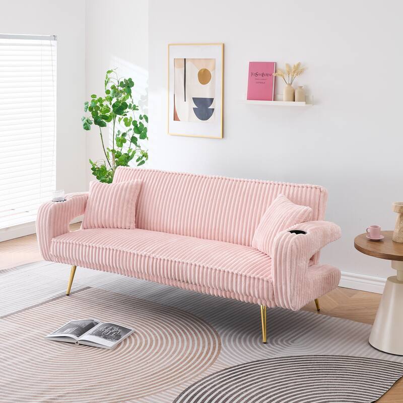 Loveseat Sofa, Adjustable Backrest Corduroy Love Seat Bed w2 Cup holder & 2 Pillows Living Room 2-seat Hollow Armchair