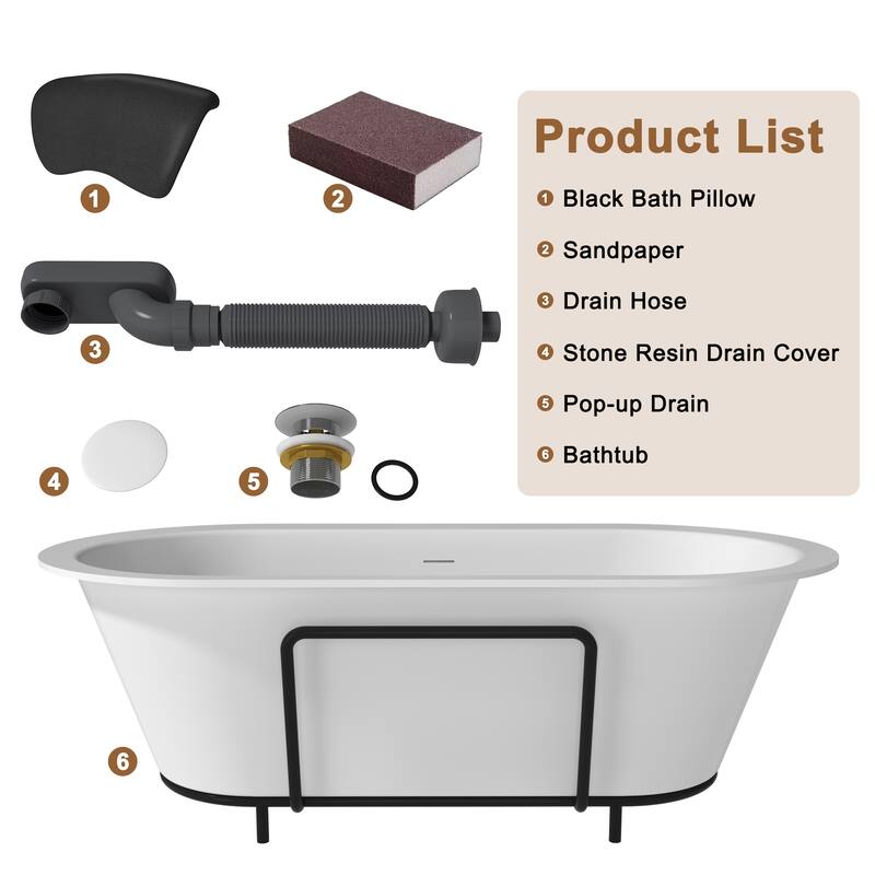 CASAINC Resin Stone Solid Surface Soaking Stand Alone Bathtub Freestanding Bathtub in Matte White