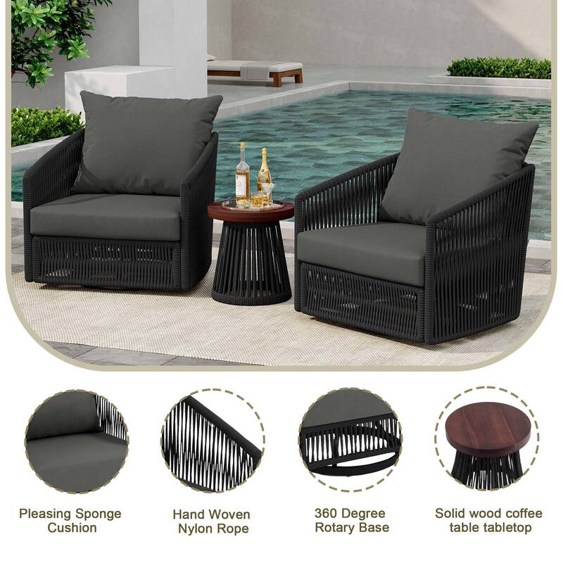 3-Piece Outdoor Rattan Swivel Lounge Chair Set Barrel Chairs for Backyard