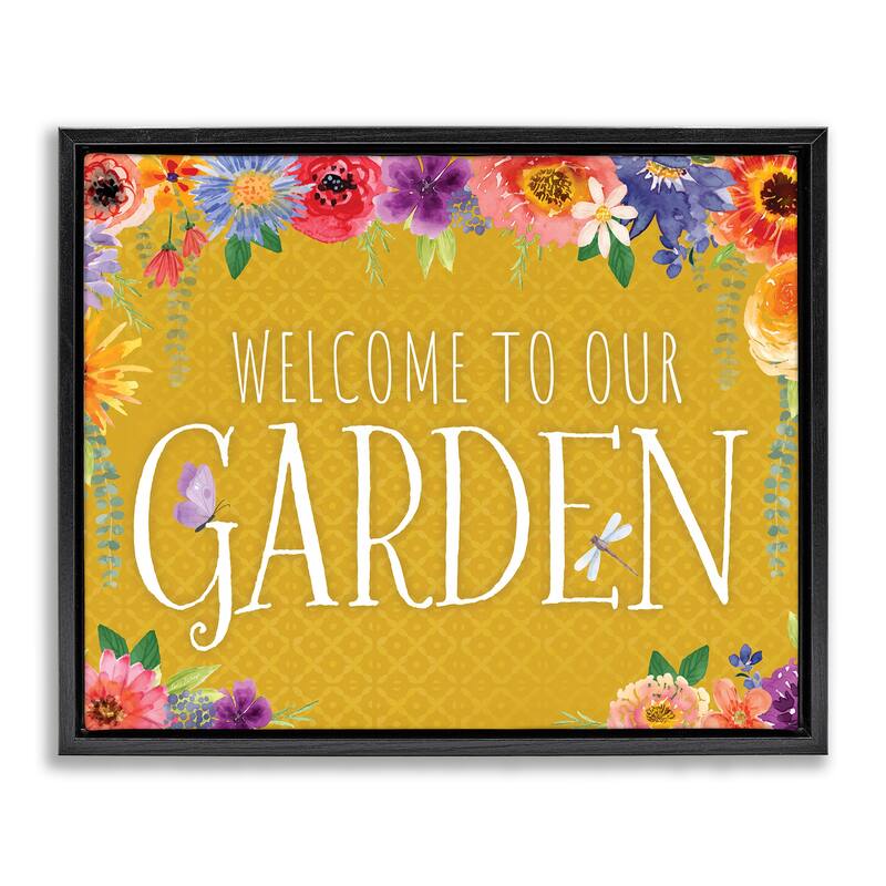 Stupell Garden Welcome with Floral Border Framed Floater Canvas Wall Art Design By Nicole DeCamp - 31 x 25 - Black