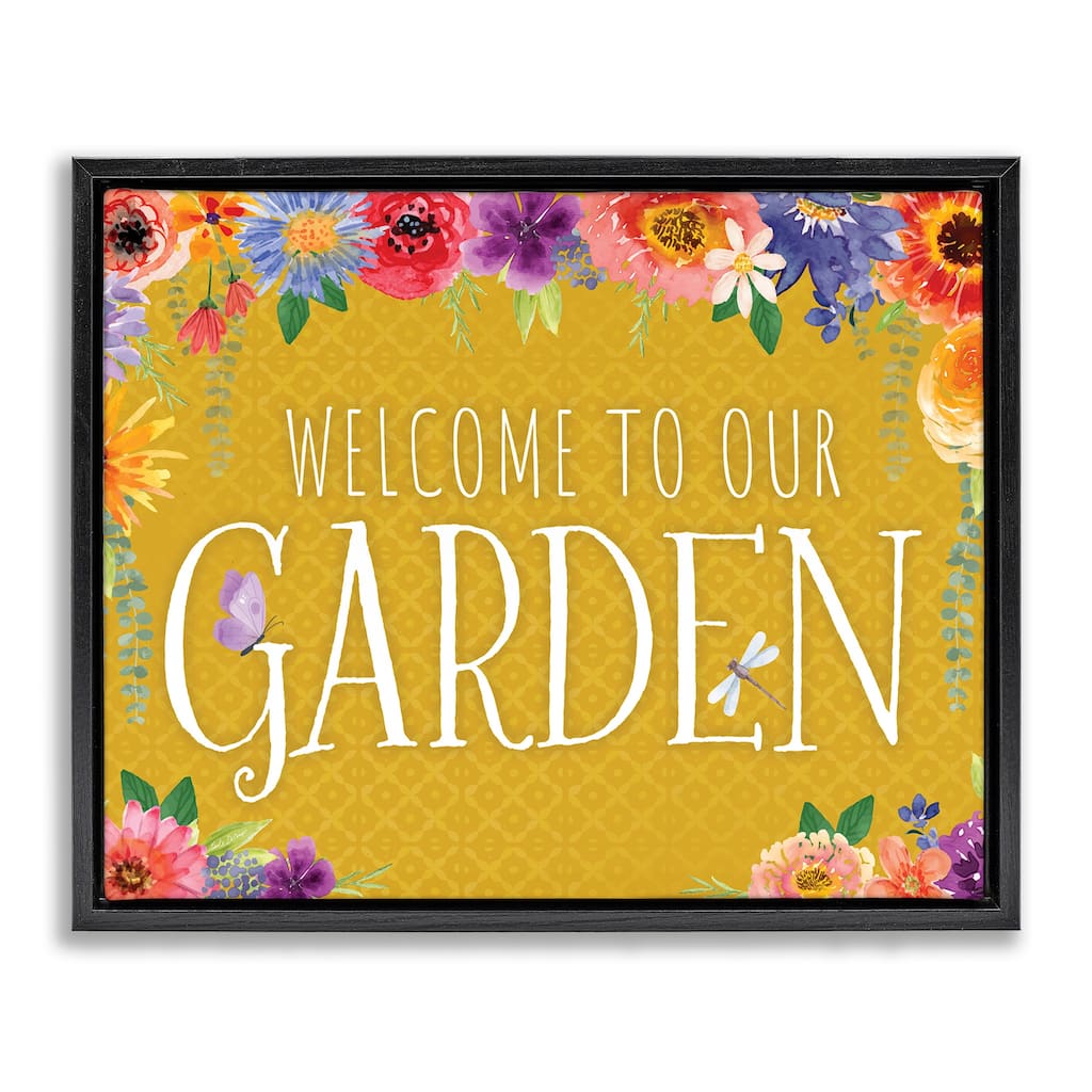 Stupell Garden Welcome with Floral Border Framed Floater Canvas Wall Art Design By Nicole DeCamp